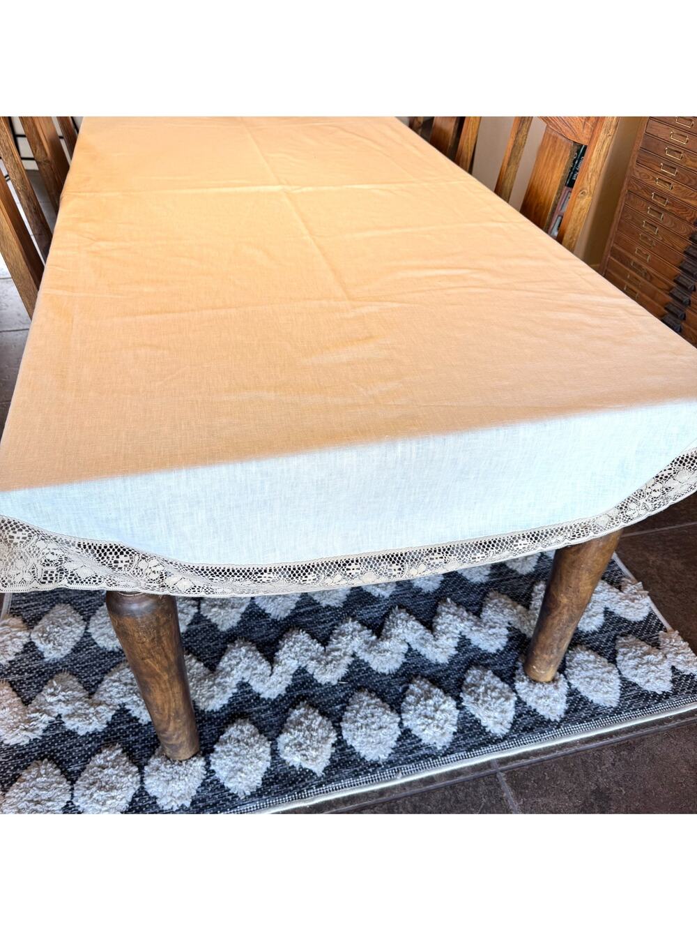 Vintage Tablecloth Large Ecru Oval Linen with Lace Trim 104 x 64" in EUC